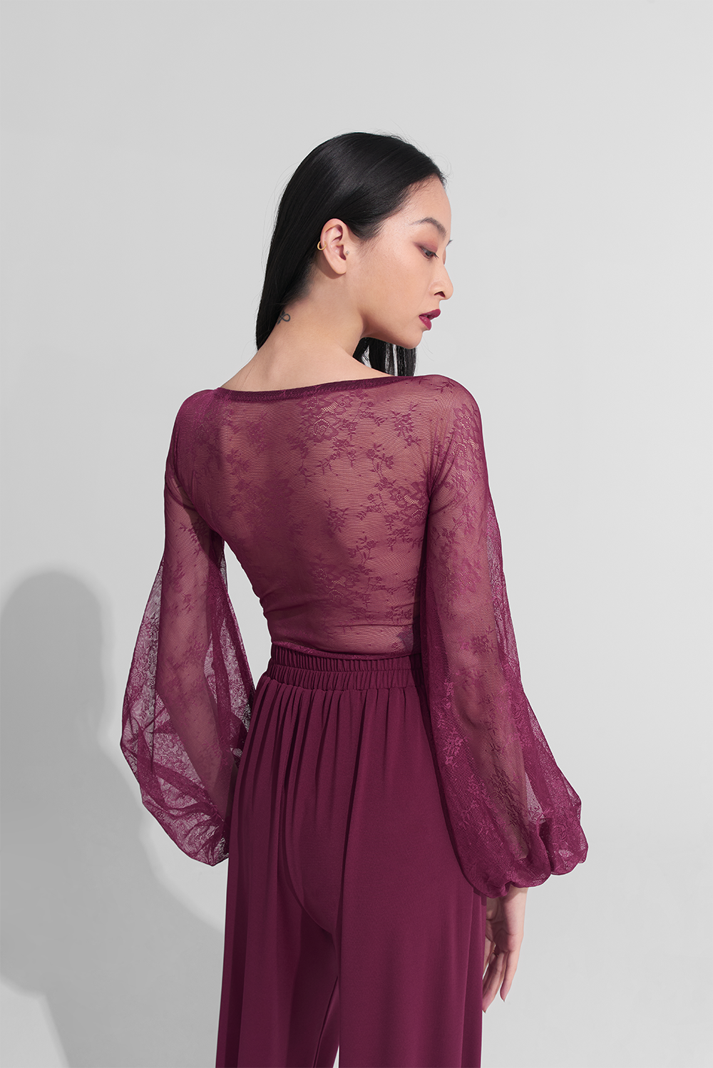 DANCE QUEEN 918 Burgundy Lace Lantern Sleeve Pleated Shape Leotard