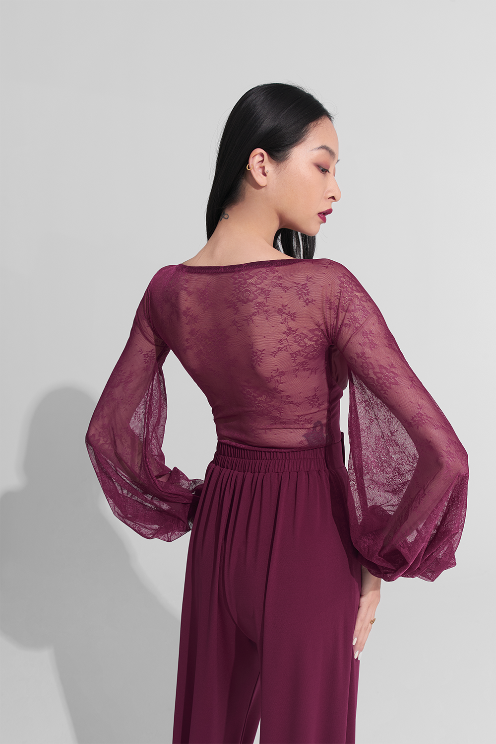 DANCE QUEEN 918 Burgundy Lace Lantern Sleeve Pleated Shape Leotard