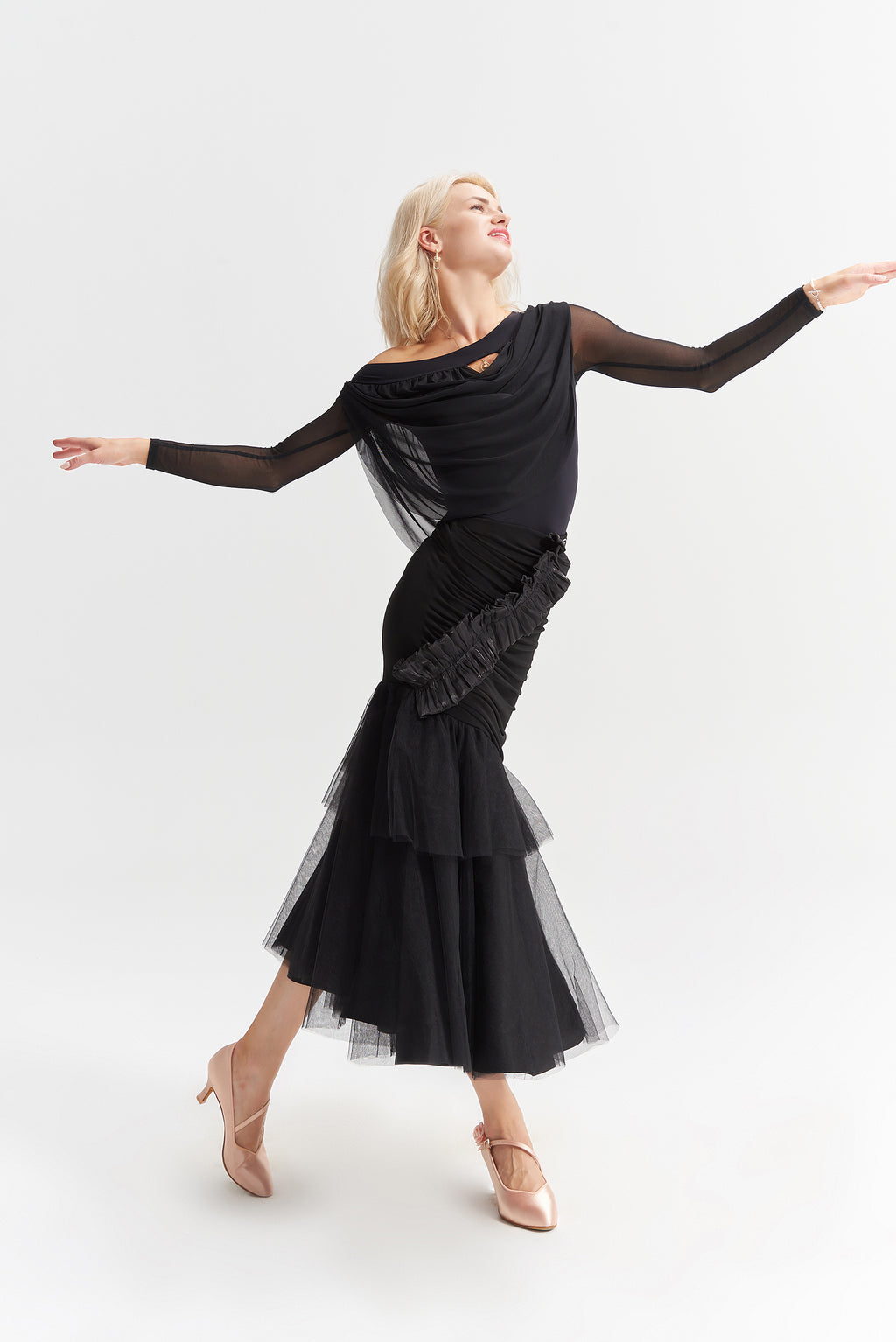 DANCE QUEEN 1017 Black Off Shoulder Long Sleeve Ballroom Practice Dance Sport Leotard