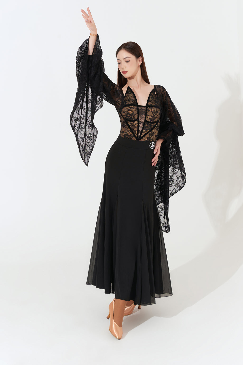 DANCE QUEEN 1080 Classic Black One Shoulder 3D Lace Ballroom