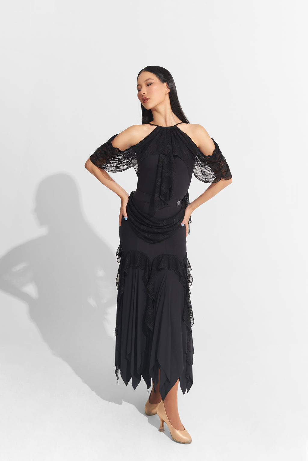 DANCE QUEEN 1009-1 Black Lace Off Shoulder Ballroom Practice Leotard