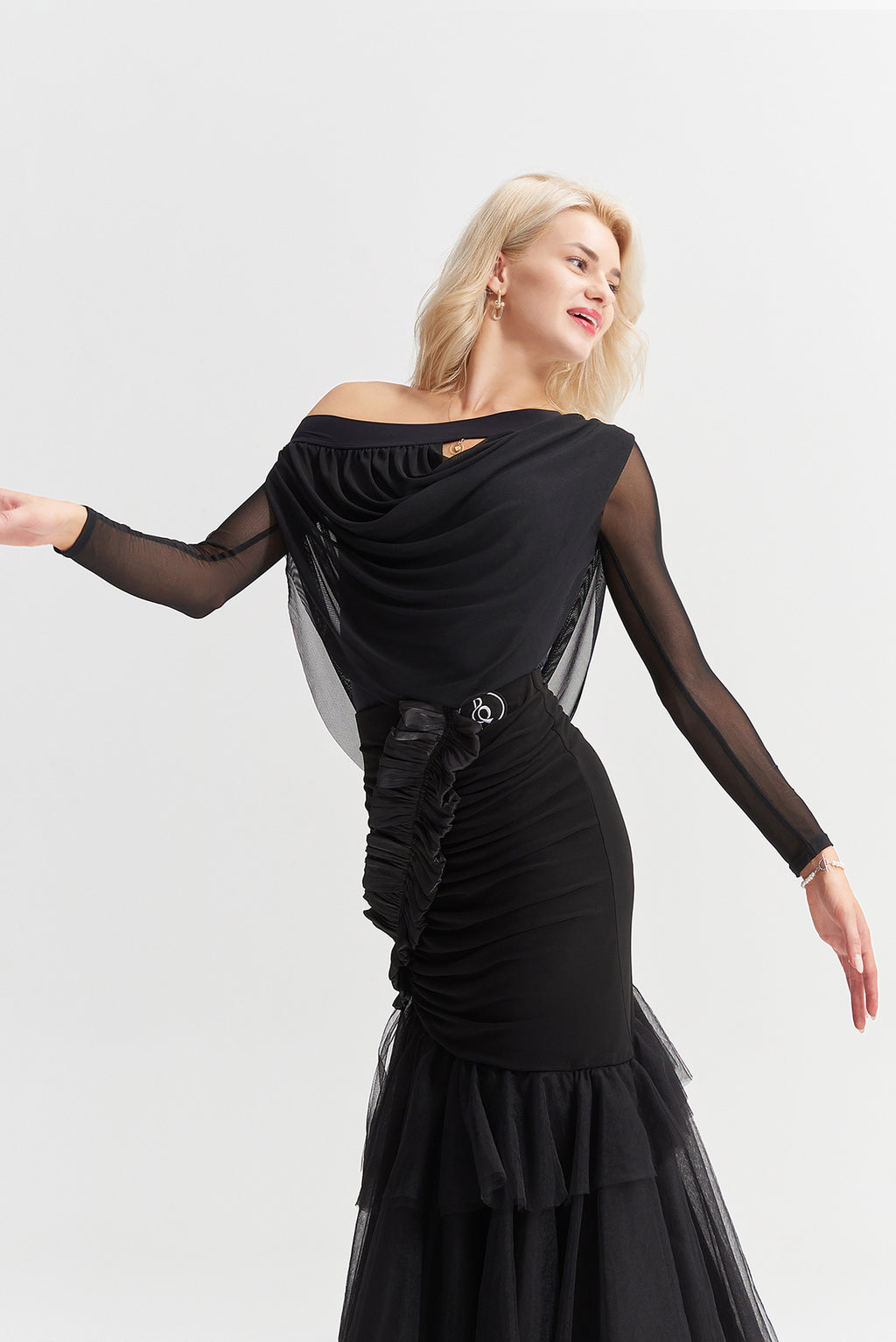 DANCE QUEEN 1017 Black Off Shoulder Long Sleeve Ballroom Practice Dance Sport Leotard