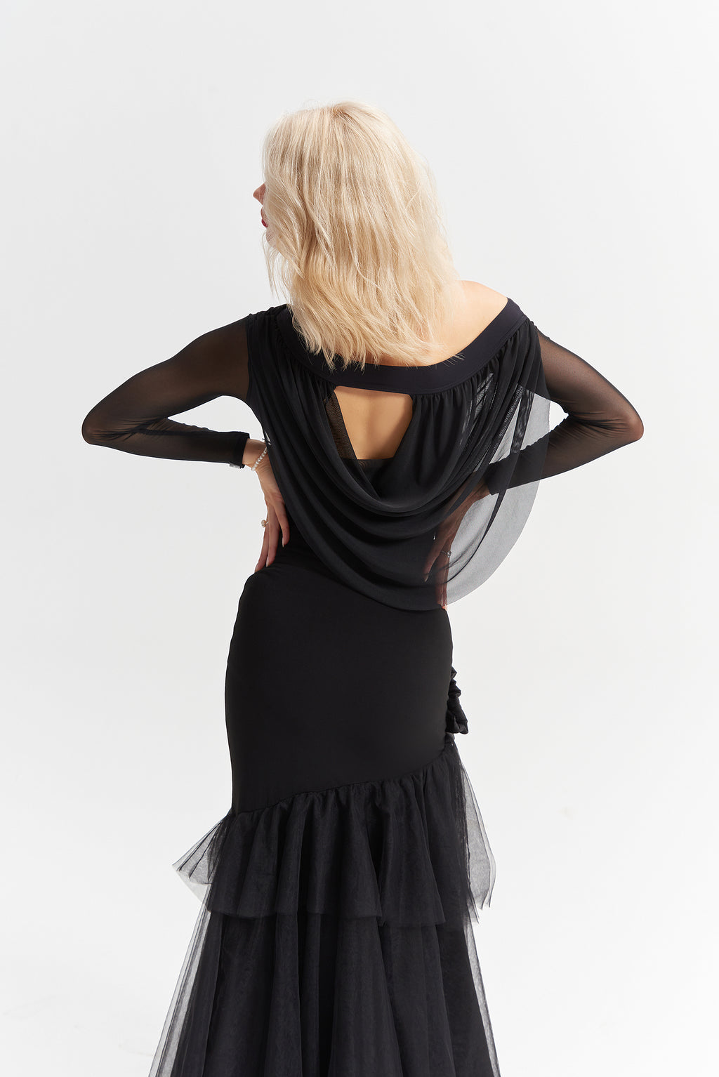 DANCE QUEEN 1017 Black Off Shoulder Long Sleeve Ballroom Practice Dance Sport Leotard