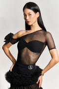DANCE QUEEN 998 Classic Black Off Shoulder Ballroom Practice Leotard WIth Flower