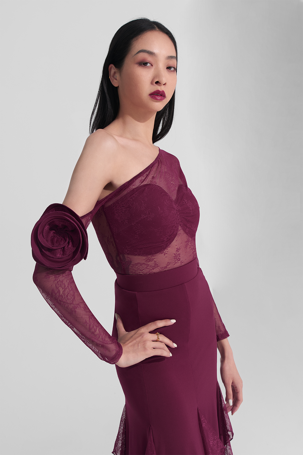 DANCE QUEEN 656-10 Burgundy Off Shoulder Flower Lace Leotard