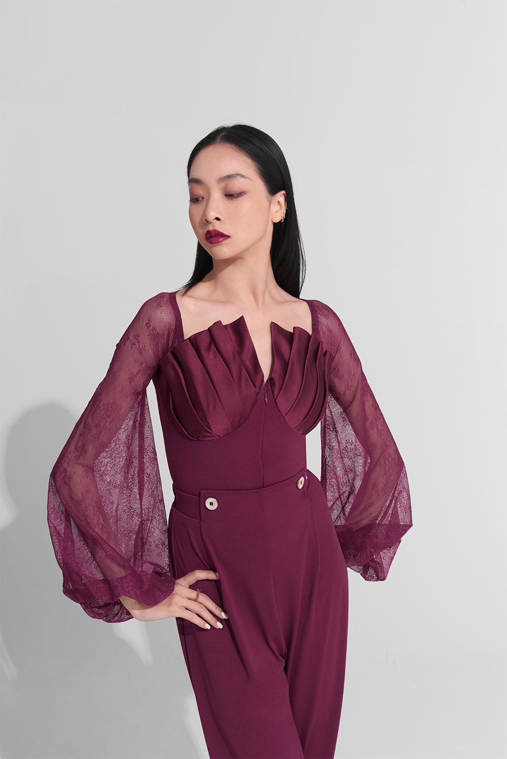 DANCE QUEEN 918 Burgundy Lace Lantern Sleeve Pleated Shape Leotard