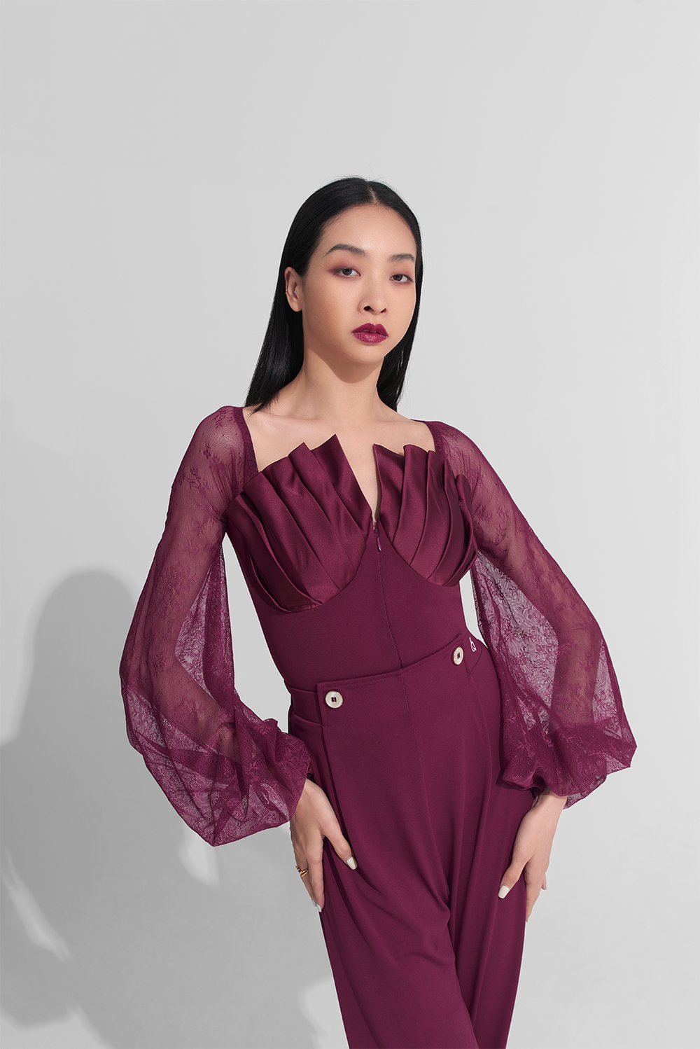 DANCE QUEEN 918 Burgundy Lace Lantern Sleeve Pleated Shape Leotard