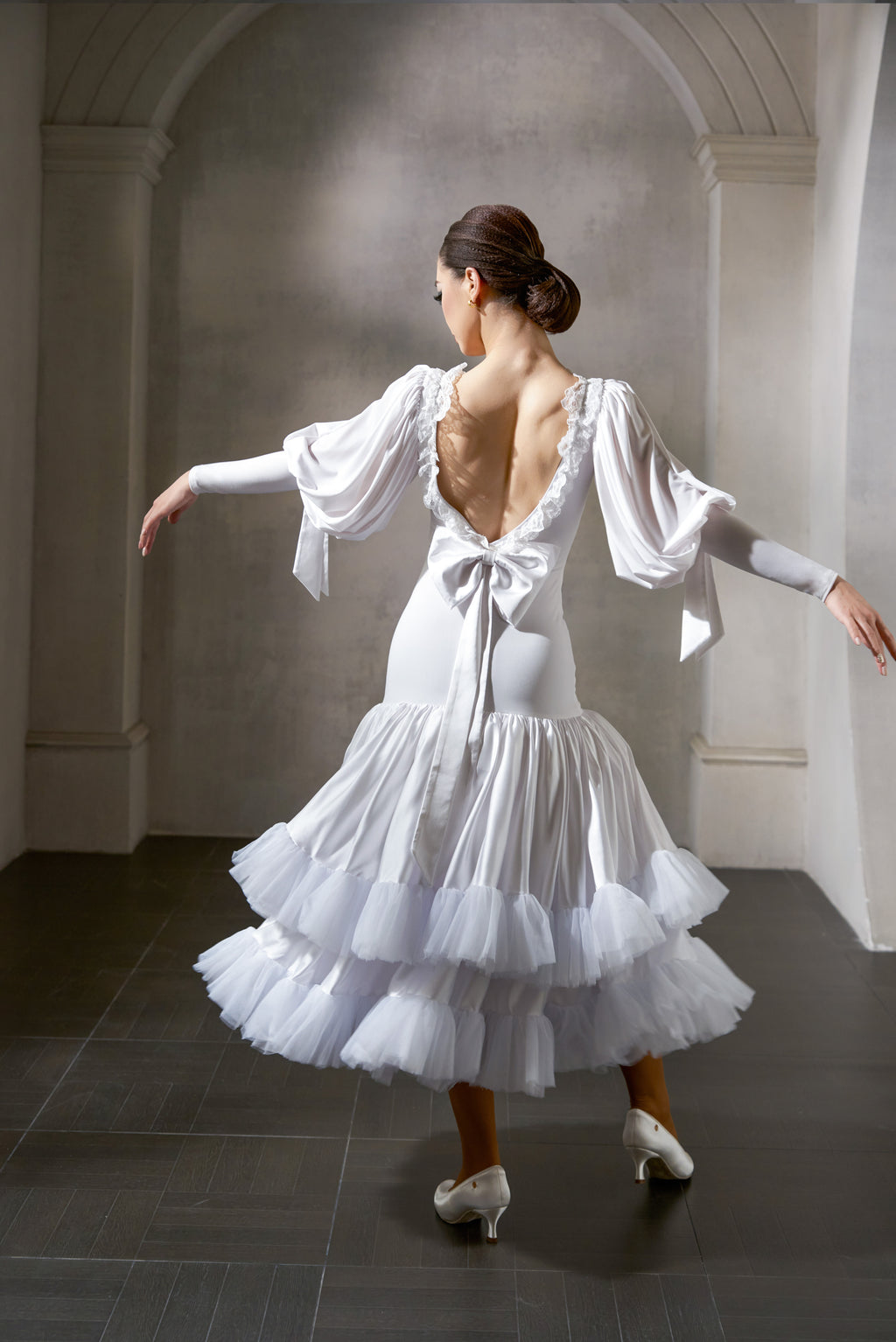 DANCE QUEEN 1036-2 White Bow  Haute Couture Classic Cake skirt Customized Dress