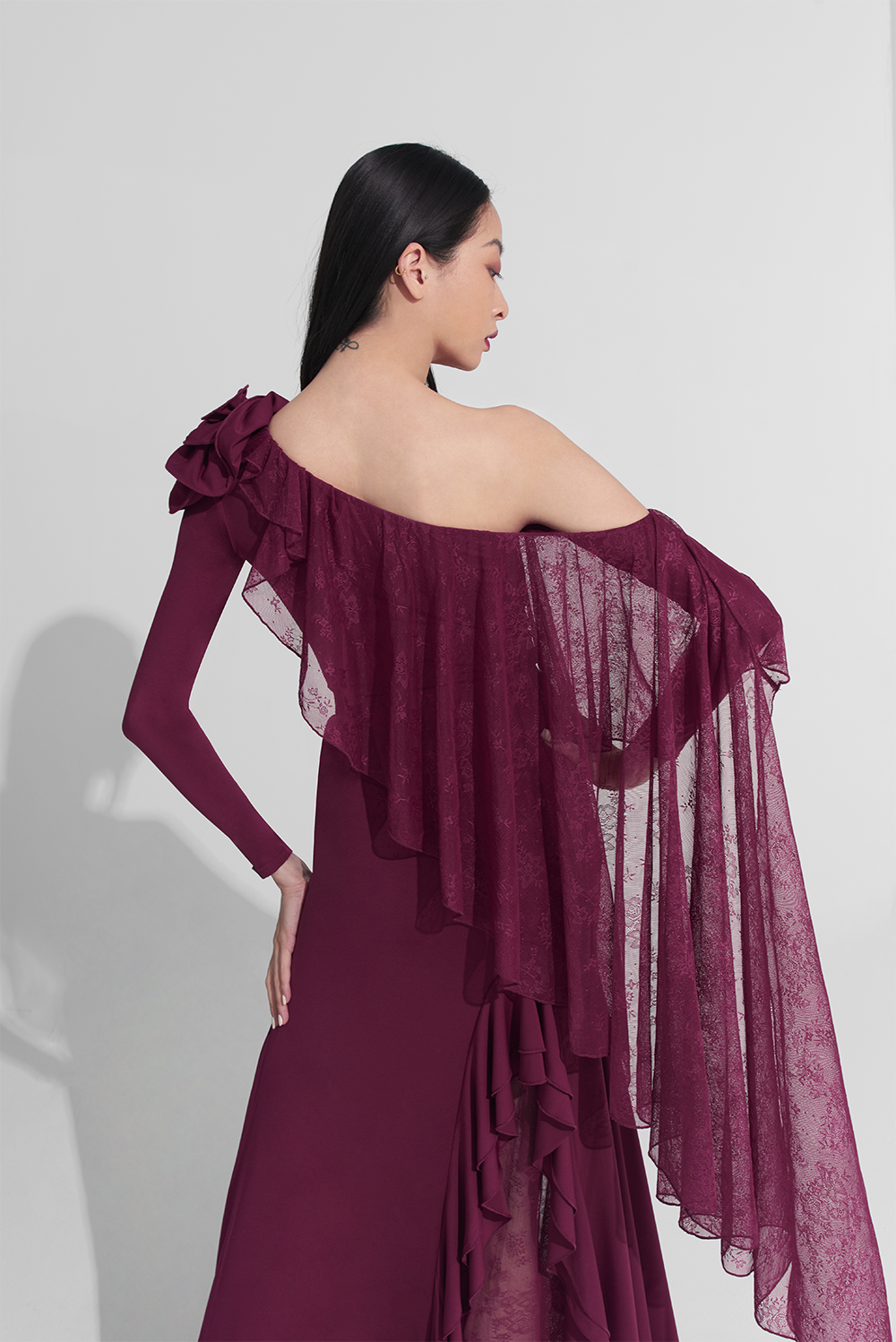 DANCE QUEEN 916 Burgundy Off Shoulder Flower Lace Ruffle Leotard